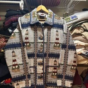 Vintage Blair Lighthouse Nautical Tapestry Jacket Womens Medium Blue